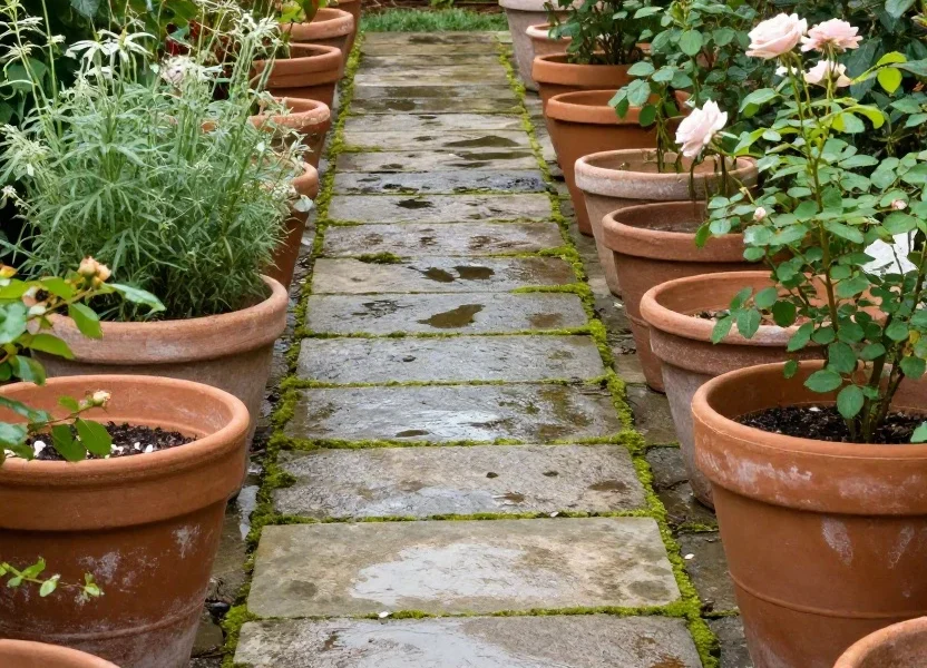 Wide, tranquil morning shot celebrating patina: damp stone with moss veining along a path, terracotta pots showing chalky bloom, softly flopped rose heads after rain; layout with generous spacing for mature growth, self-seeders allowed in a few edited surprise spots; pruning evident for air and shape, not strict silhouettes; quietly luxurious, timeworn elegance; no people.