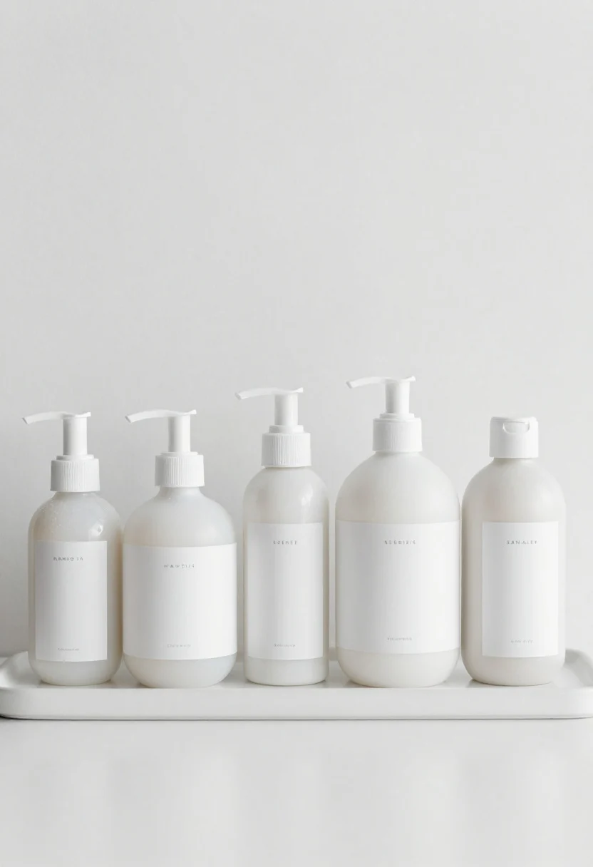 Wide vanity shot, straight-on: a tidy lineup of uniform bottles with minimal, sans-serif labels: Hand Soap, Lotion, Sanitizer. Monochrome or soft neutral containers reduce visual noise; UV-safe, oil-resistant label sheen subtle under bright, clean bathroom lighting. Calm, streamlined serenity with aligned spacing on a tray; photorealistic.