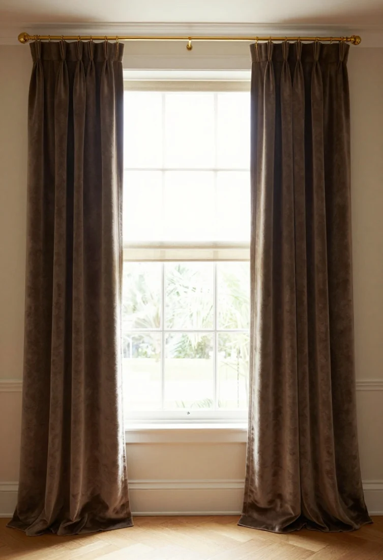 Wide window shot: Floor-kissing velvet drapery with bold contrast banding framing tall windows; behind, Roman shades in embroidered linen and subtle sheers for depth; generous fullness on premium brass hardware mounted high and wide, warm light filtering through layers, echoing room colors for a luxe, tailored finish.